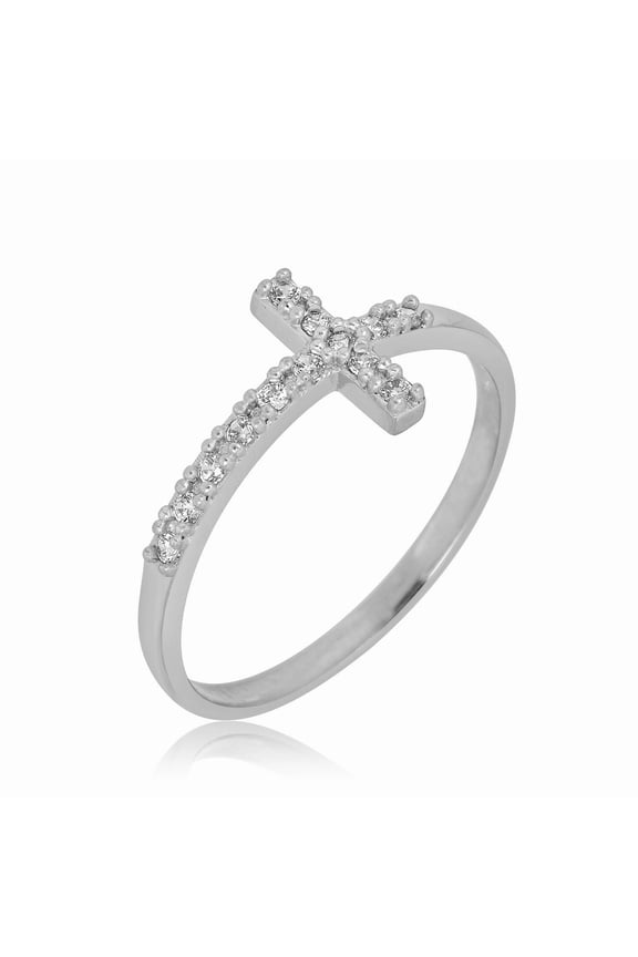 AVORA 10K White Gold Simulated Diamond CZ Sideway Cross Ring - Size 7