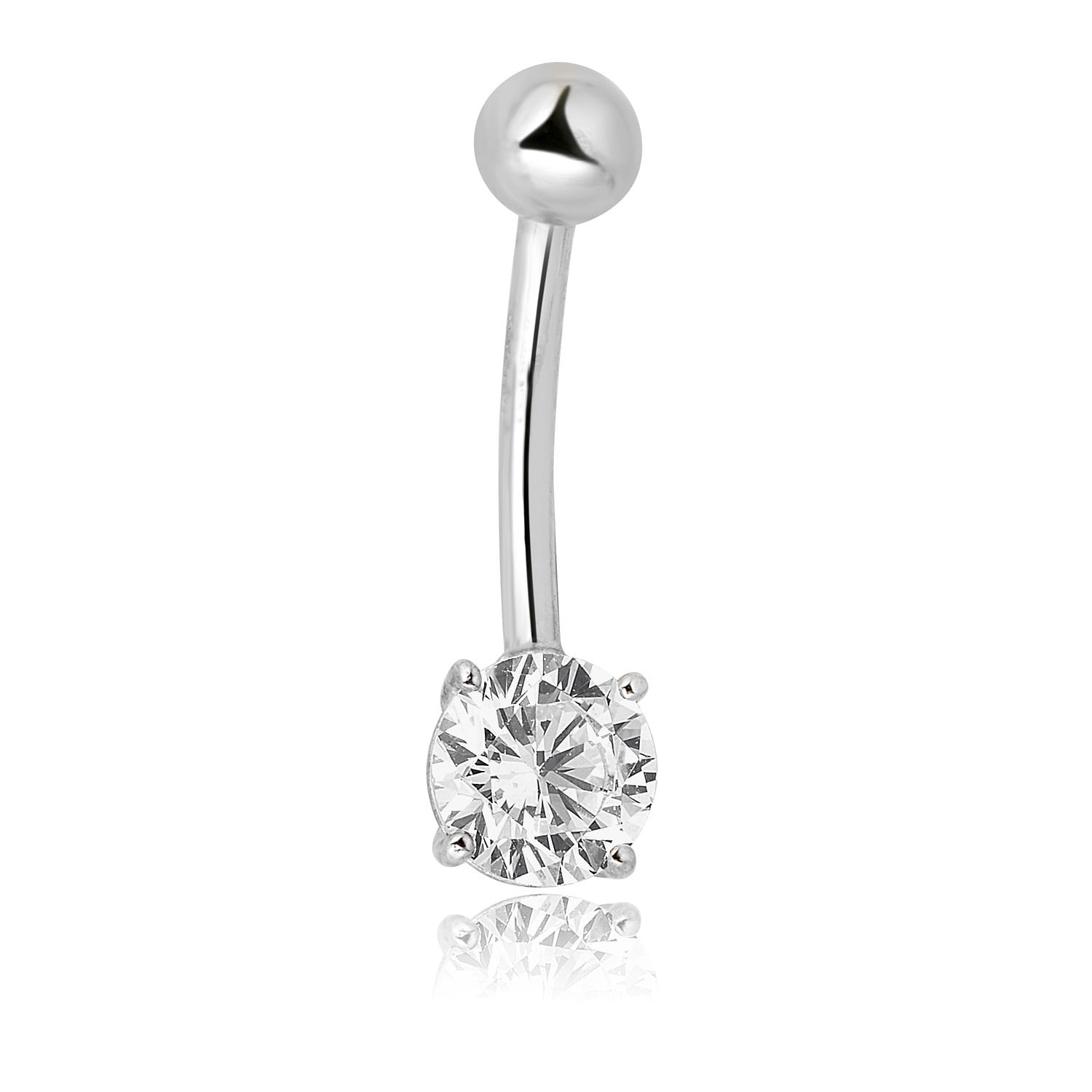 AVORA 10K White Gold Simulated Diamond CZ Solitaire Belly Button Ring Body Jewelry (14 Gauge)