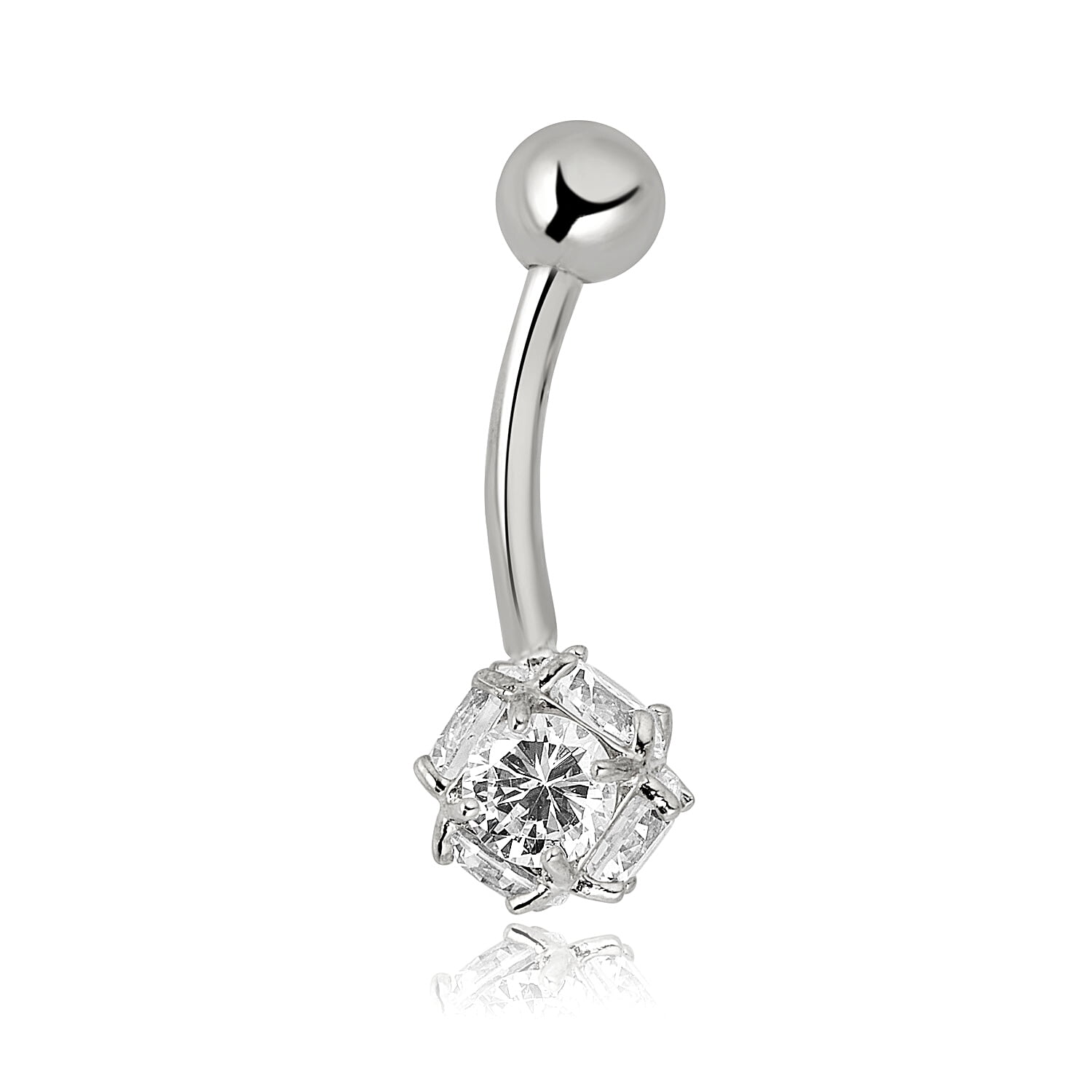 AVORA 10K White Gold Simulated Diamond CZ Spiked Ball Belly Button Ring Body Jewelry (14 Gauge)