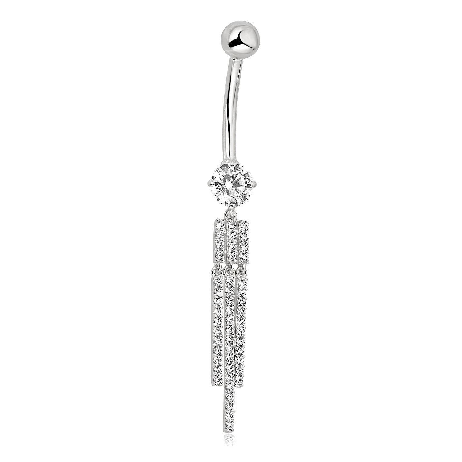 AVORA 10K White Gold Simulated Diamond CZ Tassel Dangle Belly Button Ring Body Jewelry (14 Gauge)