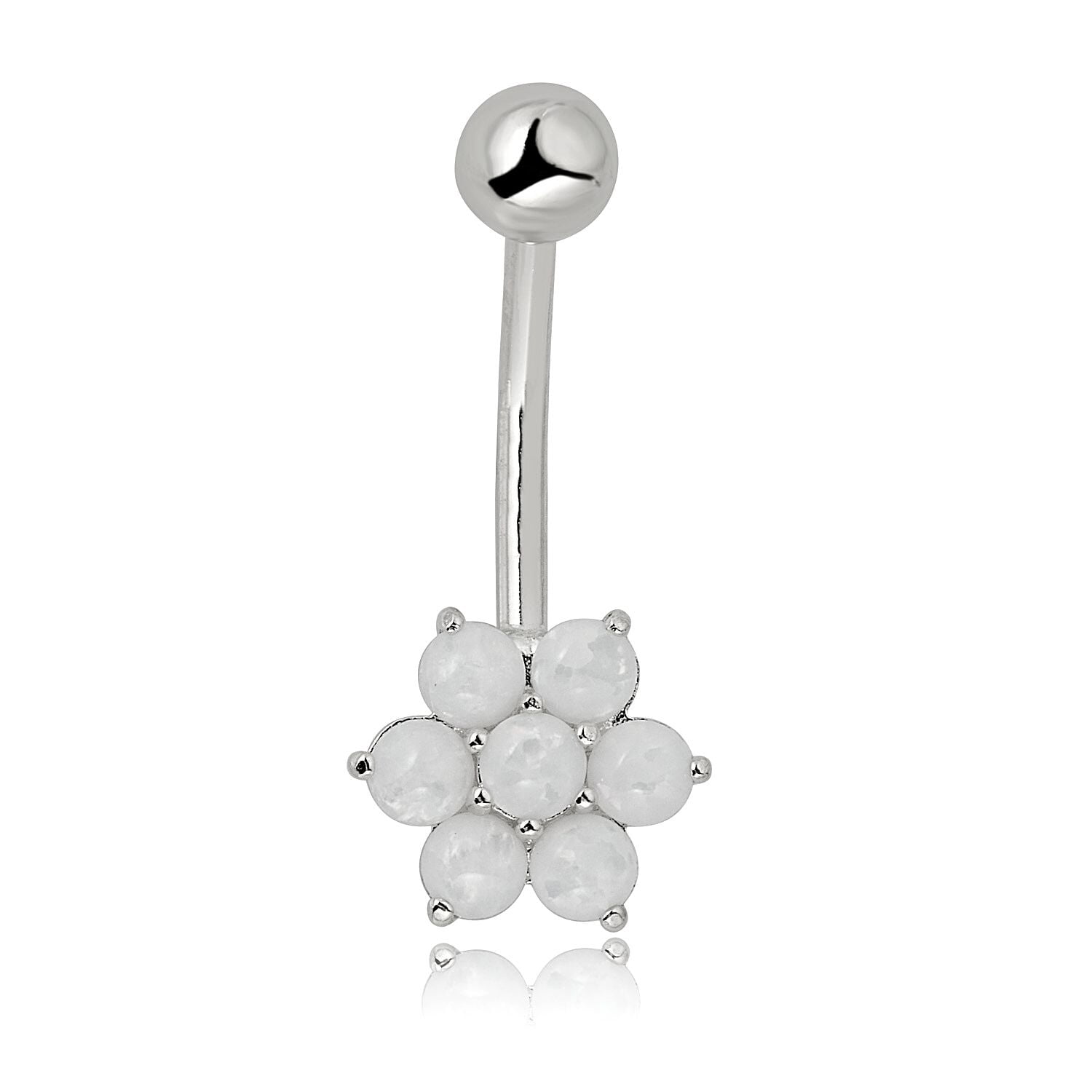 AVORA 10K White Gold Simulated Opal Flower Belly Button Ring Body Jewelry (14 Gauge)