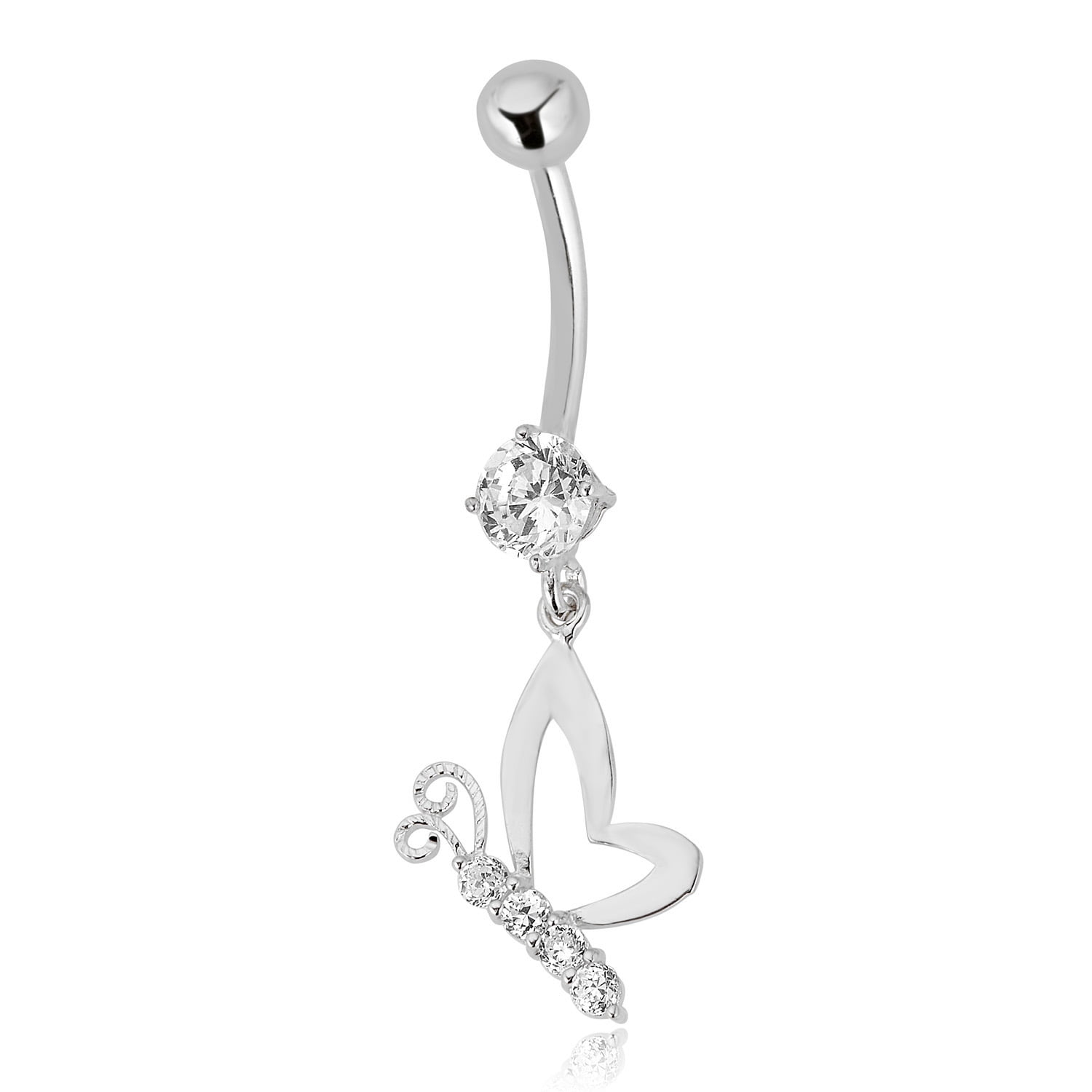 AVORA 10K White Gold Solitaire Simulated Diamond CZ Dangling Butterfly Belly Button Ring Body Jewelry (14 Gauge)