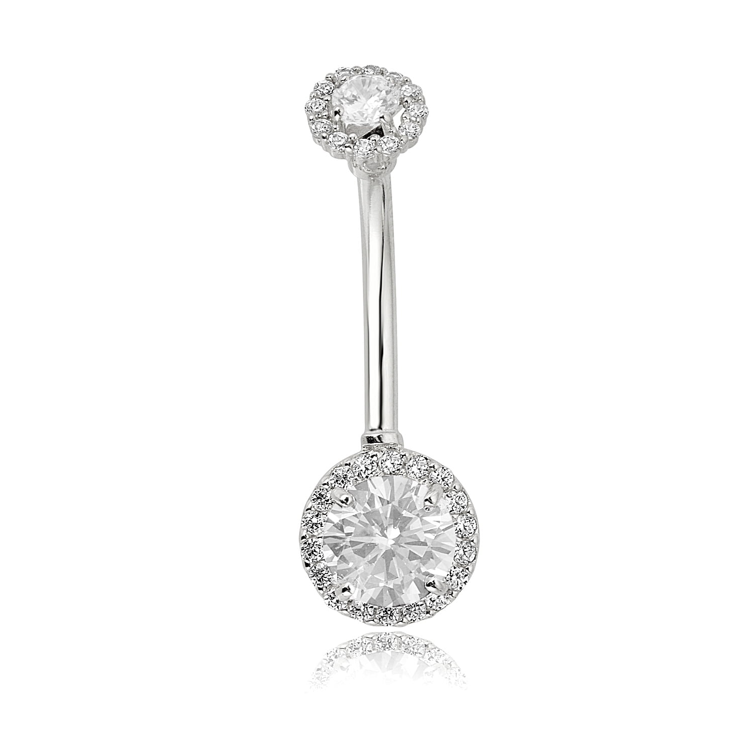 AVORA 10K White Gold White Simulated Diamond CZ Halo Belly Button Ring Body Jewelry (14 Gauge)