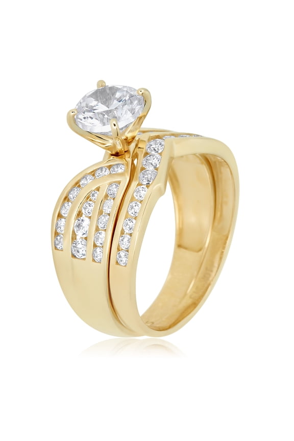 AVORA 10K Yellow Gold 1.25 Carat 3-Row Simulated Diamond CZ Anniversary Bridal Engagement Wedding Band Ring Set - Size 8