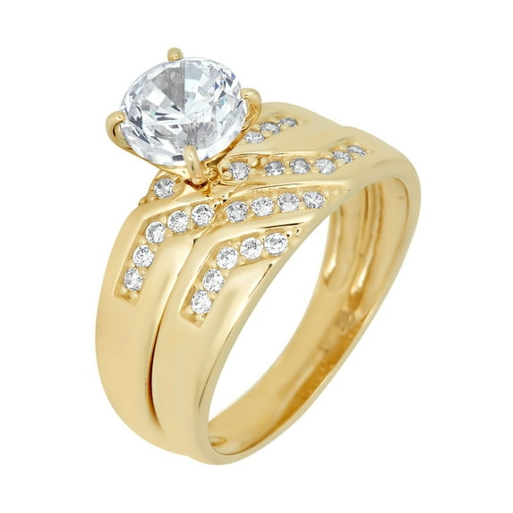AVORA 10K Yellow Gold 1.25 Carat Round Simulated Diamond CZ Anniversary Bridal Engagement Wedding Band Ring Set - Size 7