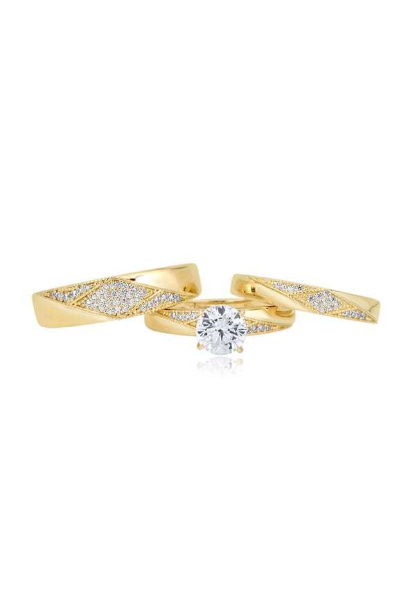 AVORA 10K Yellow Gold 1.25 Carat  Simulated Diamond CZ  Engagement Wedding Band Trio Ring Set