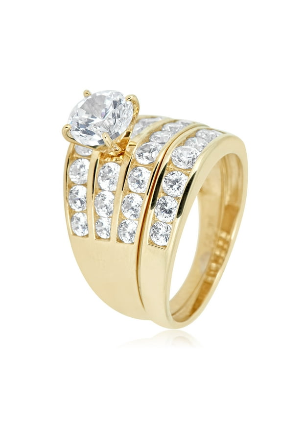 AVORA 10K Yellow Gold 1.25 Carat Simulated Diamond CZ Wide Band Anniversary Bridal Engagement Wedding Band Ring Set - Size 7.5
