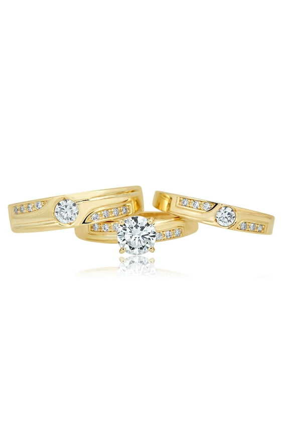 AVORA 10K Yellow Gold 1.25 Ct Simulated Diamond CZ Engagement Wedding Band Trio Ring Set