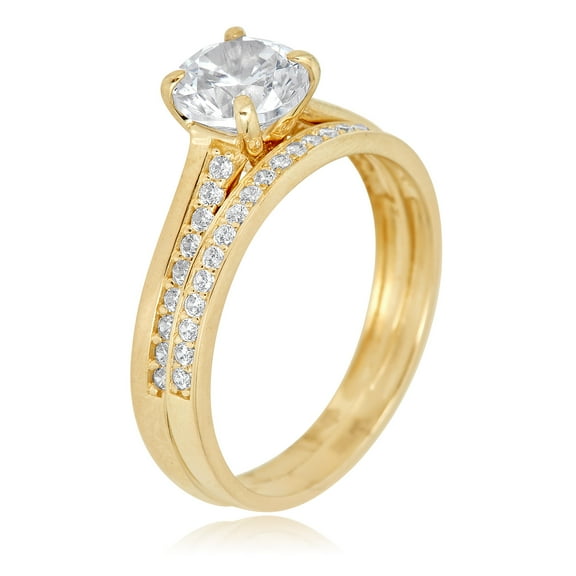AVORA 10K Yellow Gold 1.25 Ct Solitaire with Channel-set Simulated Diamond CZ Anniversary Bridal Engagement Wedding Ring Set  - Size 7