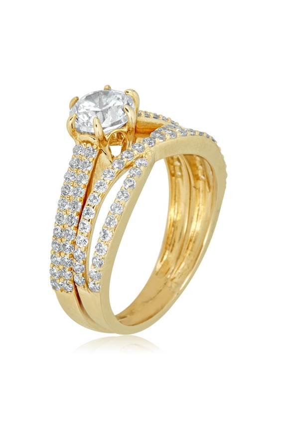 AVORA 10K Yellow Gold 1 Carat 2 Row Simulated Diamond CZ Anniversary Bridal Engagement Wedding Band Ring Set - Size 8
