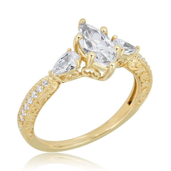 AVORA 10K Yellow Gold 1 Carat Marquise-shape Simulated Diamond CZ 3-Stone Engagement Wedding Anniversary Ring - Size 8