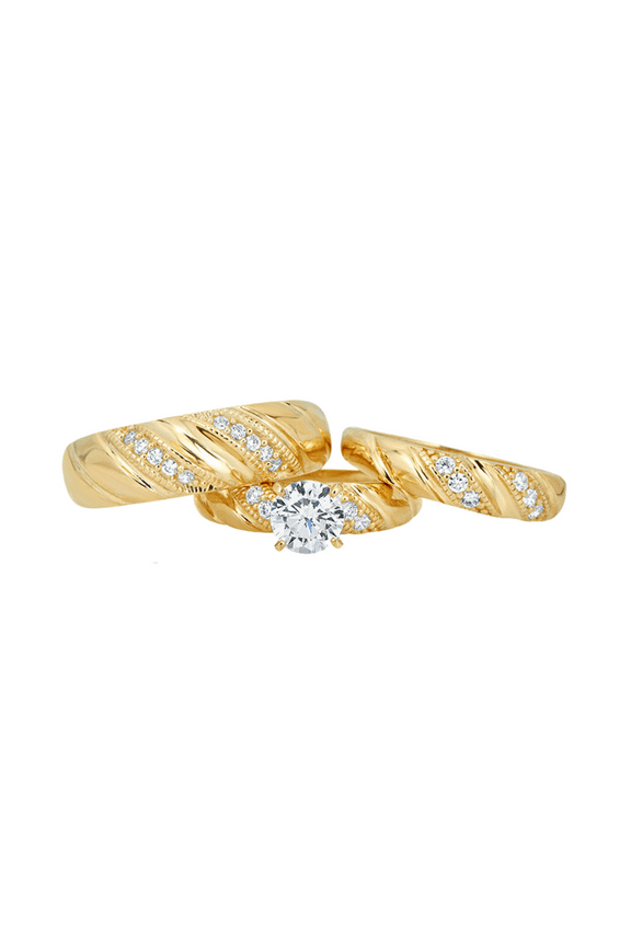 AVORA 10K Yellow Gold 1 Carat Simulated Diamond CZ Beaded Engagement Wedding Band Trio Ring Set
