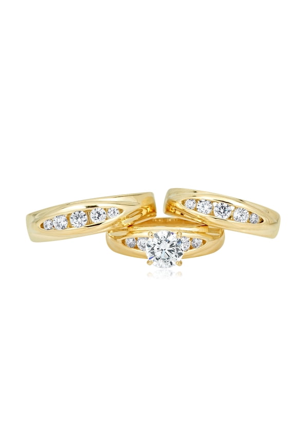 AVORA 10K Yellow Gold 1 Carat Simulated Diamond CZ Engagement Wedding Band Trio Ring Set