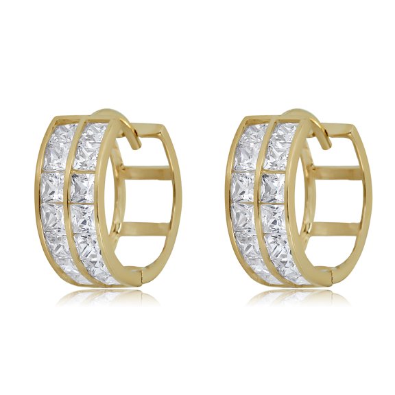 AVORA 10K Yellow Gold 2-Row Simulated Diamond CZ Huggie Hoop Earrings - 15mm
