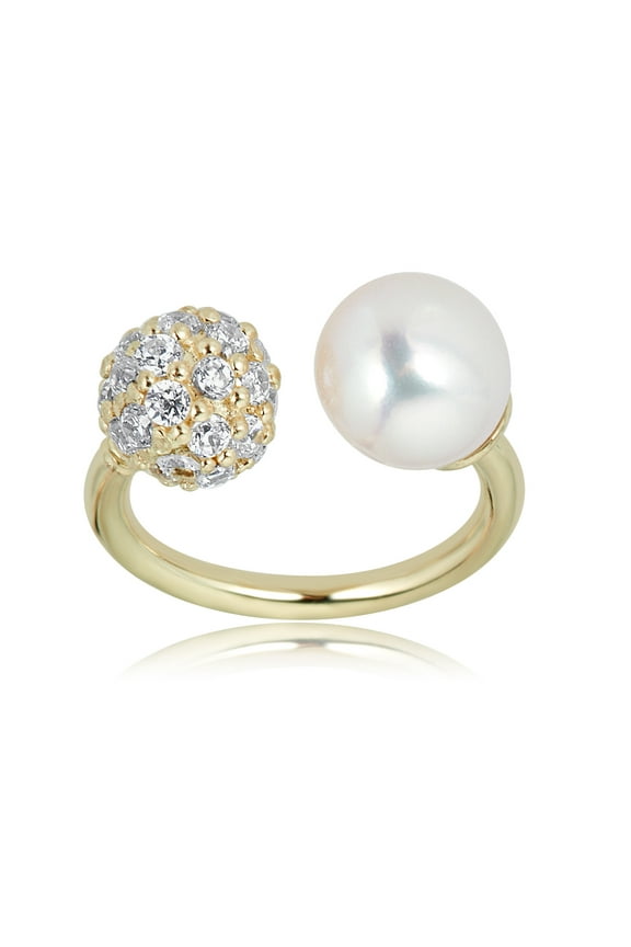 AVORA 10K Yellow Gold 4mm Cultured Freshwater Pearl and Simulated Diamond CZ Ball Horseshoe Eyebrow Body Jewelry -018 Gauge