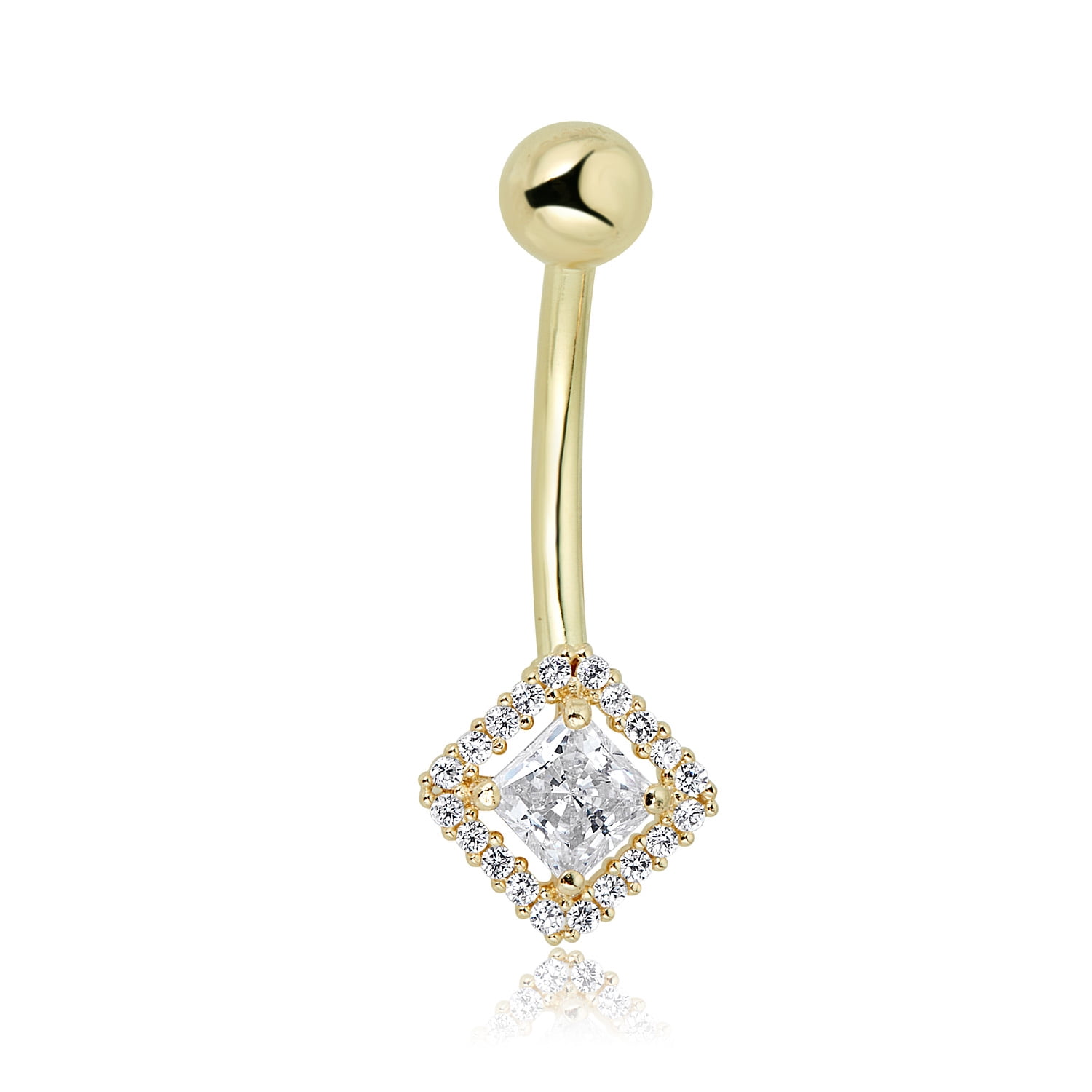 AVORA 10K Yellow Gold 4mm Princess-Cut Simulated Diamond CZ Halo Belly Button Ring Body Jewelry (14 Gauge)