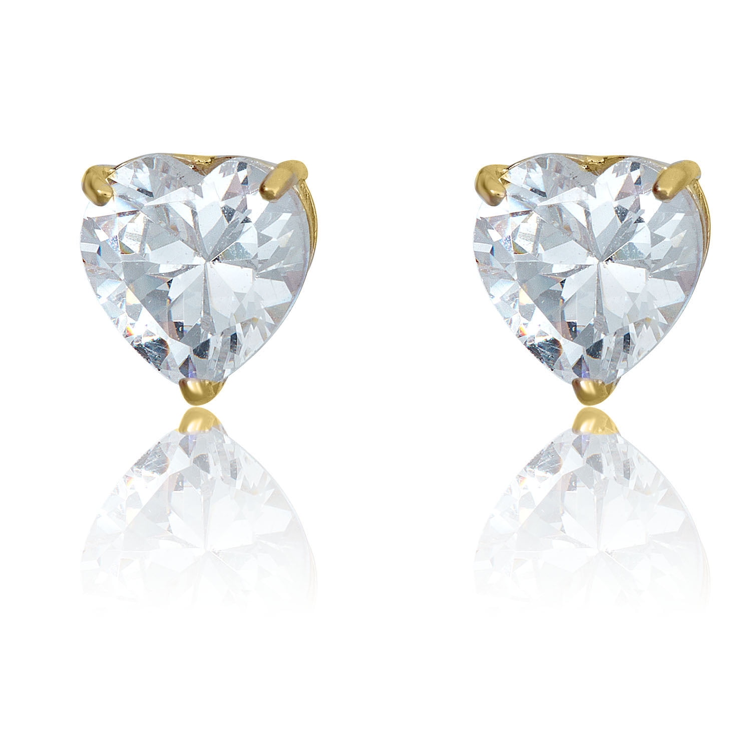 Heart Stud Earrings - 24K Gold Plated Sterling Silver With Clear Cubic Zirconia