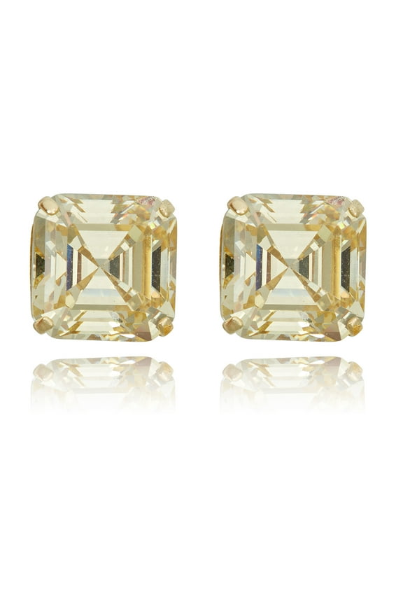 AVORA 10K Yellow Gold 8mm Asscher Cut Citrine Yellow Simulated Diamond CZ Stud Earrings