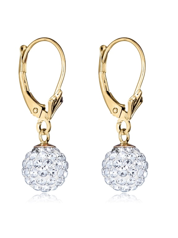AVORA 10K Yellow Gold 8mm Crystal Dangle Ball Lever-back Drop Earrings