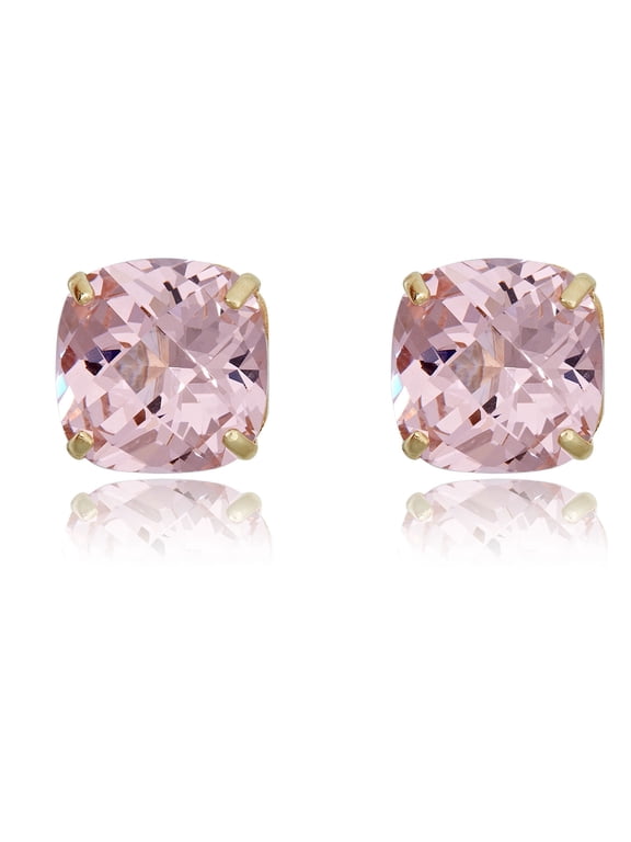 AVORA 10K Yellow Gold 8mm Cushion-cut Pink Simulated Diamond Cubic Zirconia (CZ) Stud Earrings