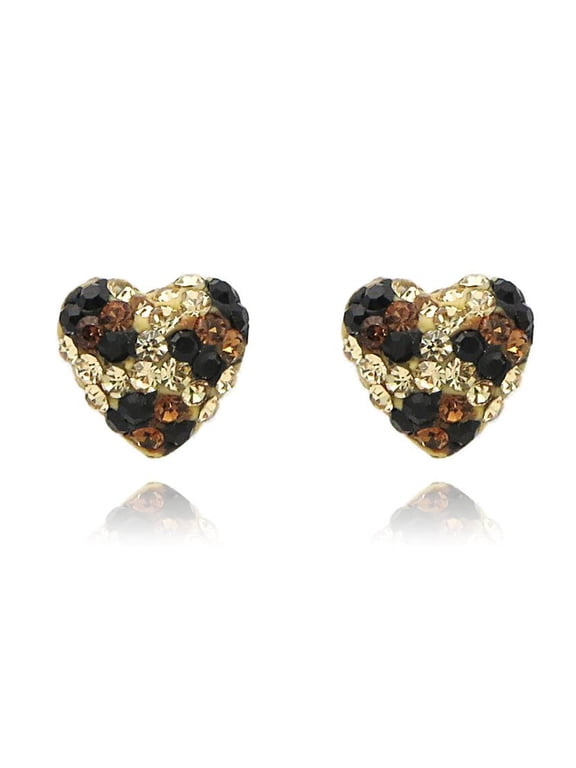 AVORA 10K Yellow Gold 8mm Leopard Heart Crystal Stud Earrings