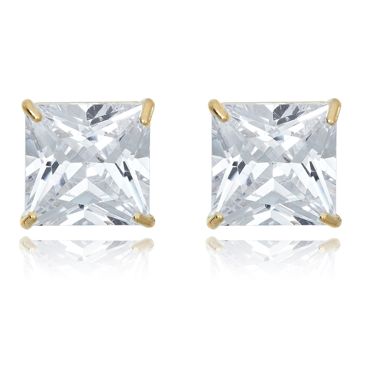 AVORA 10K Yellow Gold 8mm Princess Cut Simulated Diamond CZ Stud Earrings