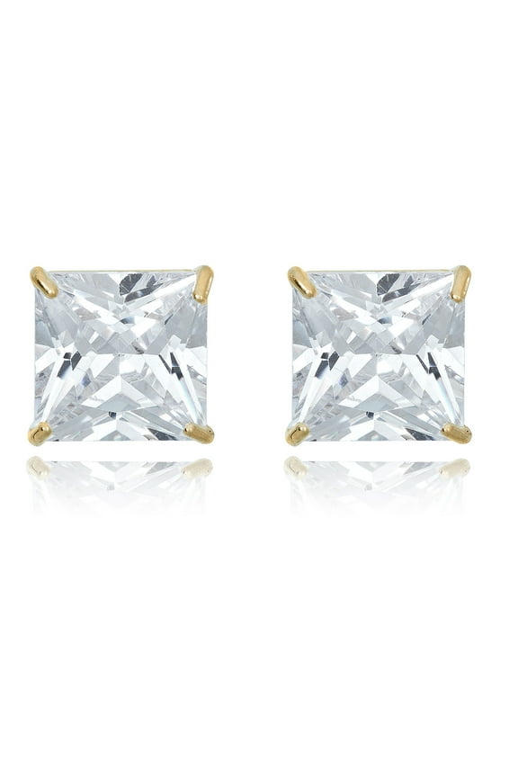 AVORA 10K Yellow Gold 8mm Princess Cut Simulated Diamond CZ Stud Earrings