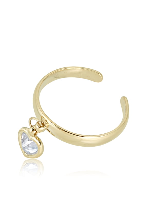 AVORA 10K Yellow Gold Adjustable Dangle Heart Toe Ring with Simulated Diamond CZ