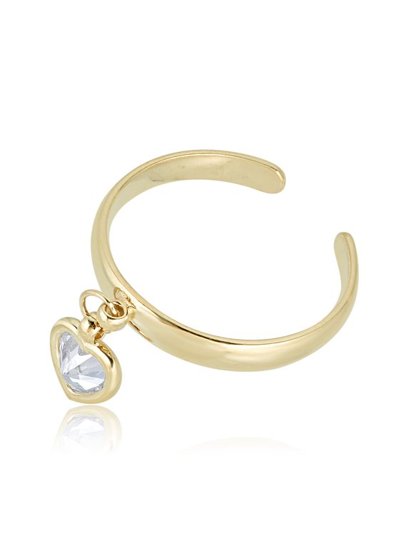 AVORA 10K Yellow Gold Adjustable Dangle Heart Toe Ring with Simulated Diamond CZ