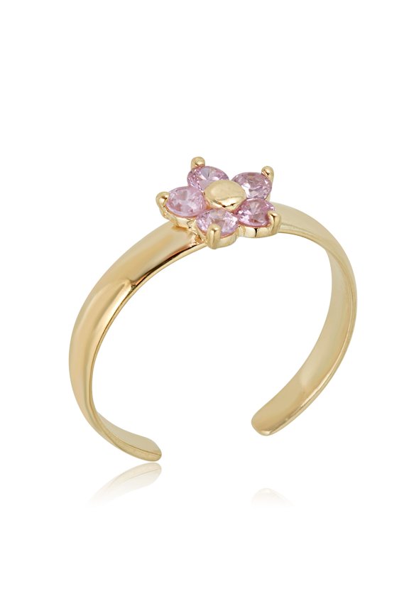 AVORA 10K Yellow Gold Adjustable Flower Toe Ring with Pink Simulated Diamond CZ