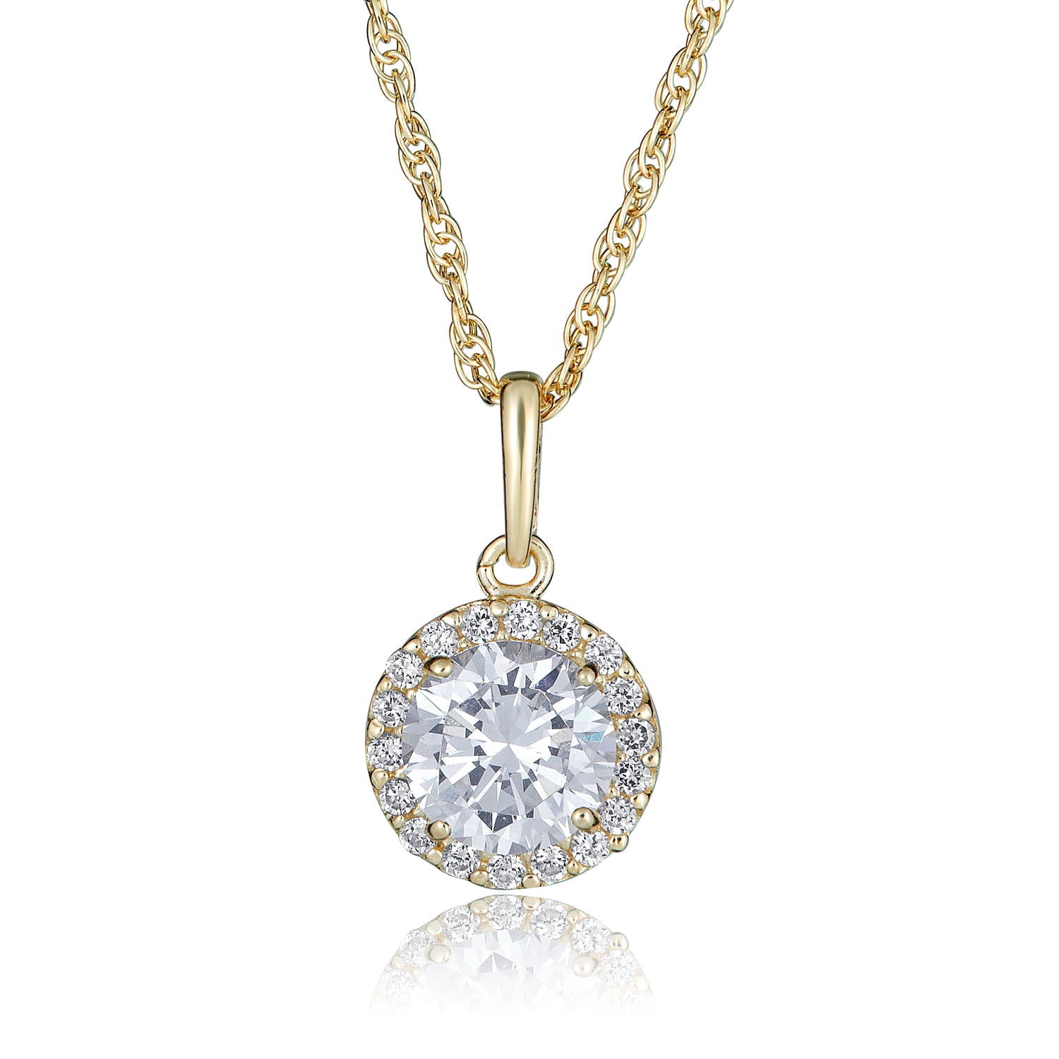 AVORA 10K Yellow Gold April Birthstone- White Sapphire with Simulated Diamond CZ Halo Pendant Necklace with 18" Chain