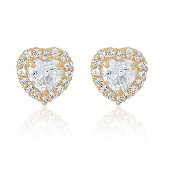 AVORA 10K Yellow Gold April Birthstone in Simulated Diamond CZ Halo Heart Stud Earrings