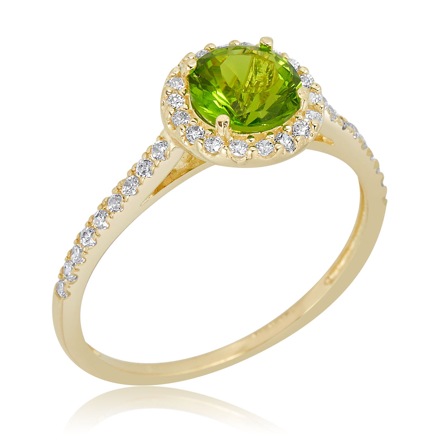 AVORA 10K Yellow Gold August Birthstone- Genuine Peridot with Simulated Diamond CZ Halo Fashion Ring  - Size 6