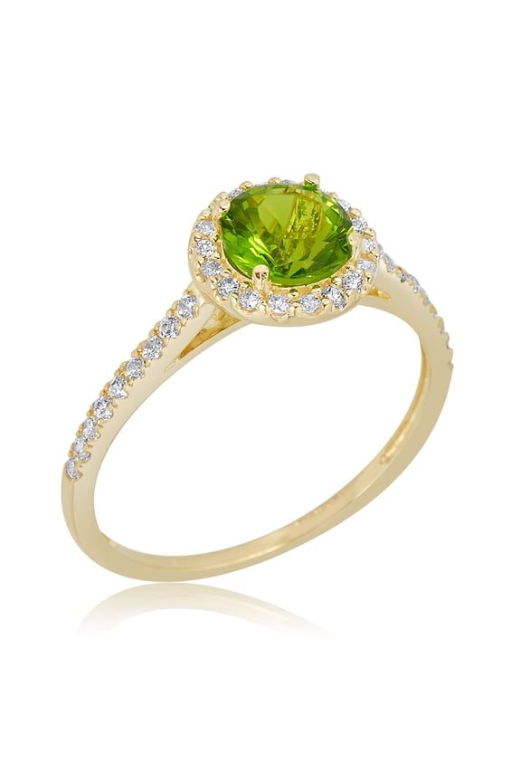 AVORA 10K Yellow Gold August Birthstone- Genuine Peridot with Simulated Diamond CZ Halo Fashion Ring - Size 6