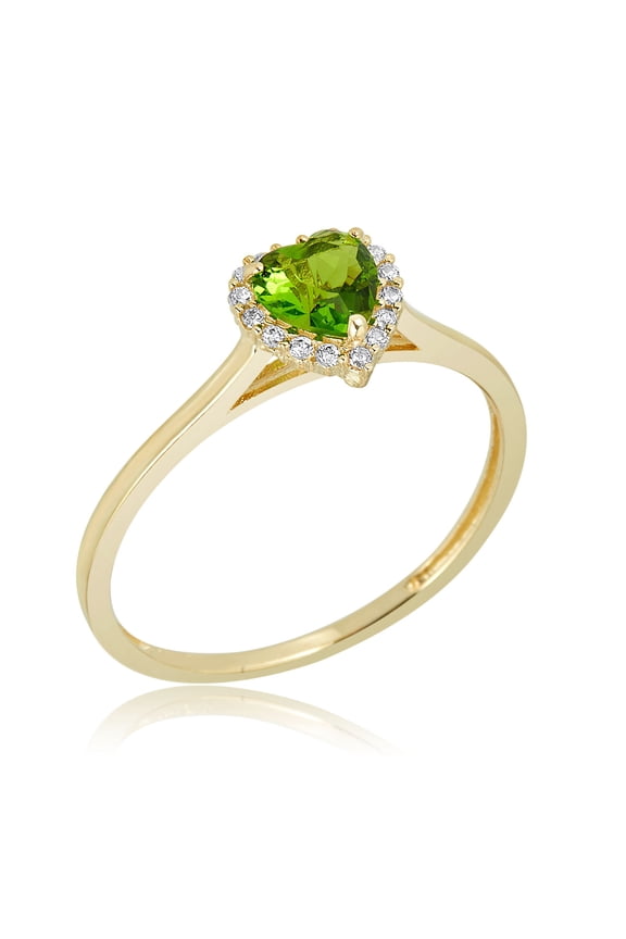 AVORA 10K Yellow Gold August Birthstone- Genuine Peridot with Simulated Diamond CZ Heart Halo Fashion Ring  - Size 7.5
