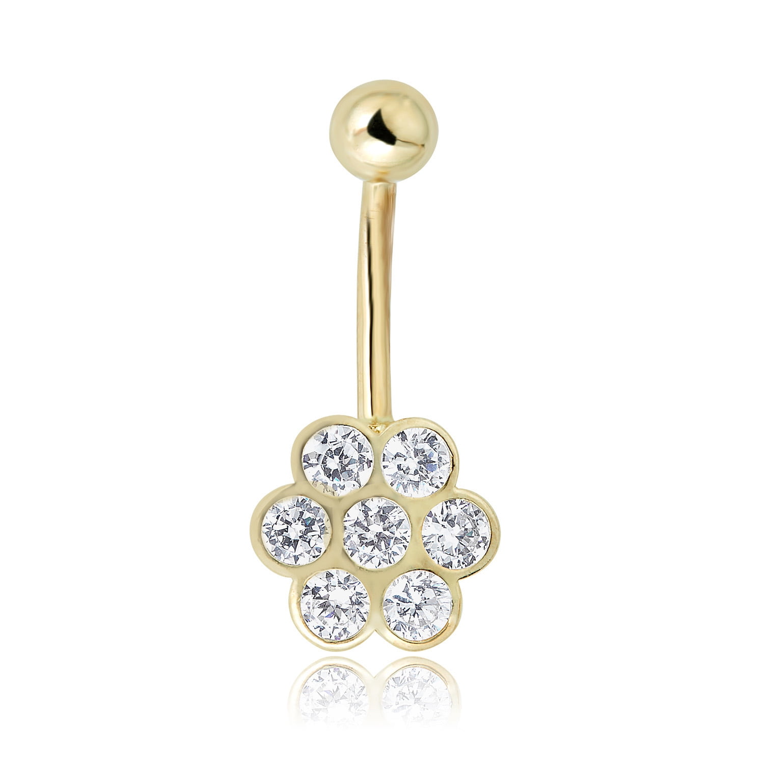 AVORA 10K Yellow Gold Bezel-set Simulated Diamond CZ Flower Belly Button Ring Body Jewelry (14 Gauge)
