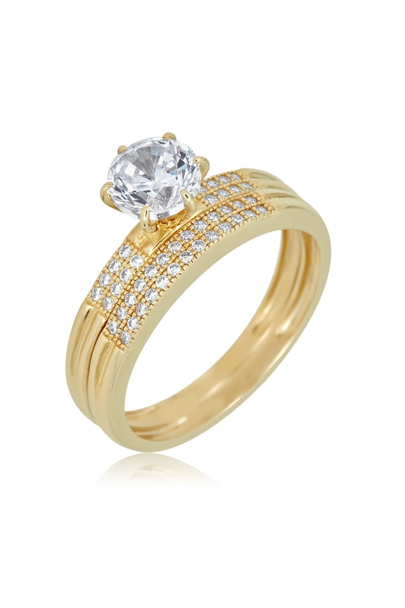 AVORA 10K Yellow Gold Classic 1 Carat 2 Row Simulated Diamond CZ Anniversary Bridal Engagement Wedding Band Ring Set - Size 8