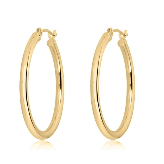 AVORA 10K Yellow Gold Classic Polished 2mm Tube 25mm Hoop Earrings