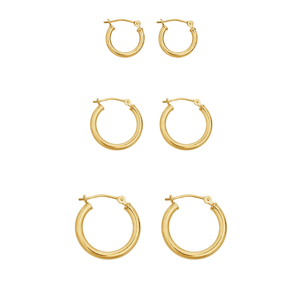 AVORA 10K Yellow Gold Classic Polished 2mm Tube Hoop Earrings 3-Pair Set