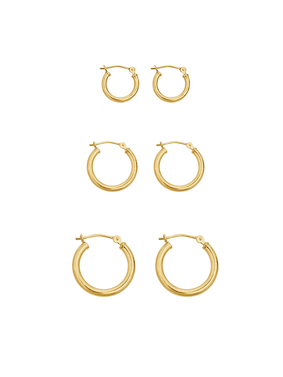 AVORA 10K Yellow Gold Classic Polished 2mm Tube Hoop Earrings 3-Pair Set
