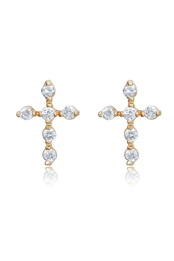 AVORA 10K Yellow Gold Cross Simulated Diamond CZ Stud Earrings