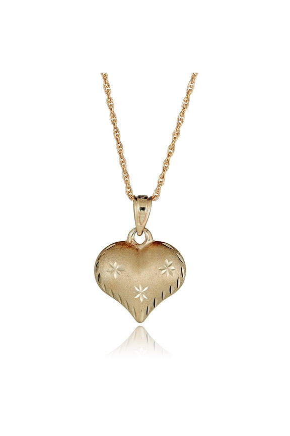 AVORA 10K Yellow Gold Diamond-cut Puffed Heart Pendant Necklace with 18" Chain