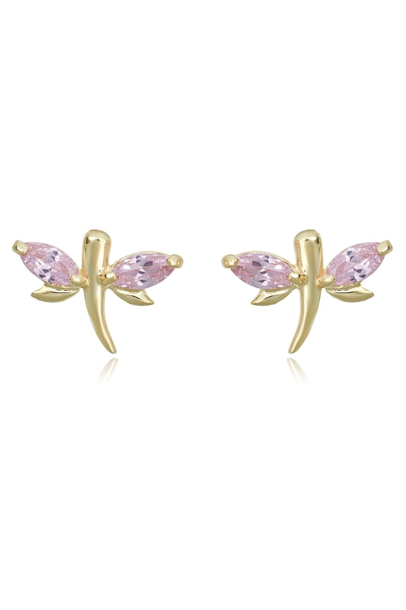 AVORA 10K Yellow Gold Dragonfly Pink Marquis Simulated Diamond CZ Stud Earrings