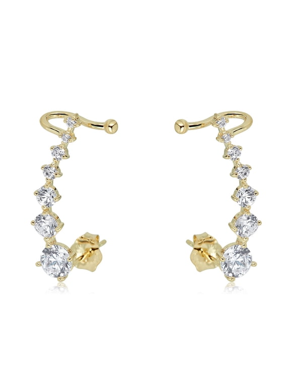 AVORA 10K Yellow Gold Ear Crawler/ Climber Cuff Simulated Diamond CZ Earrings
