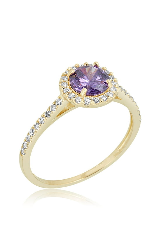 AVORA 10K Yellow Gold February Birthstone-Genuine Amethyst with Simulated Diamond CZ Halo Fashion Ring  - Size 6