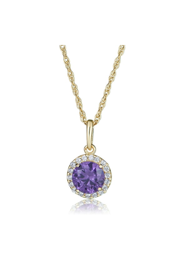 AVORA 10K Yellow Gold February Birthstone-Genuine Amethyst with Simulated Diamond CZ Halo Pendant Necklace with 18" Chain