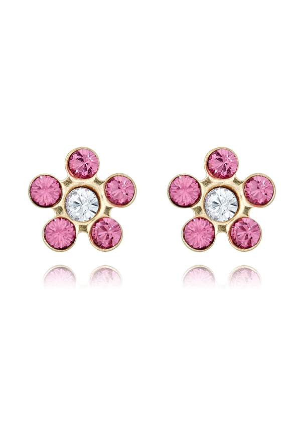 AVORA 10K Yellow Gold Flower Pink Simulated Diamond CZ Screw Back Stud Earrings