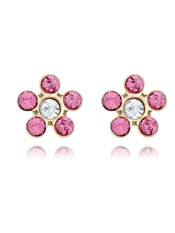 AVORA 10K Yellow Gold Flower Pink Simulated Diamond CZ Screw Back Stud Earrings