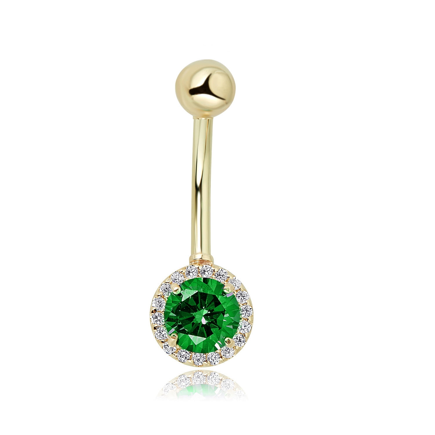 AVORA 10K Yellow Gold Green Simulated Diamond CZ Halo Belly Button Ring Body Jewelry (14 Gauge)