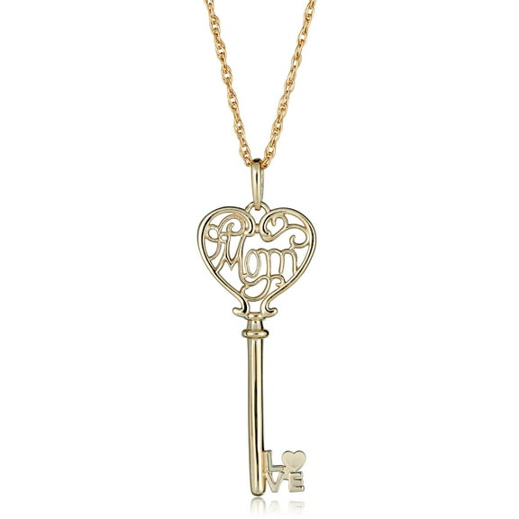 AVORA 10K Yellow Gold Heart Key with "MOM" Pendant Necklace with 18" Chain